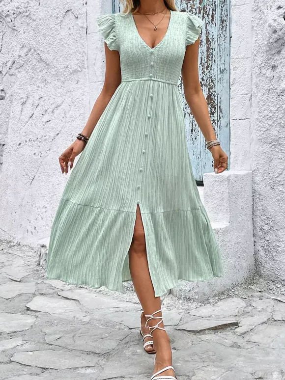 Sage Green Midi Sundress for Women - Flutter Sleeve Smocked Button Front Tiered A Line Dress - Summer Beach Vacation 2026