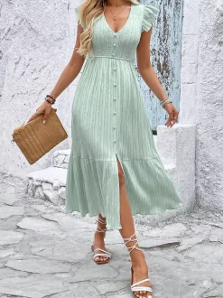 Sage Green Midi Sundress for Women - Flutter Sleeve Smocked Button Front Tiered A Line Dress - Summer Beach Vacation 2026