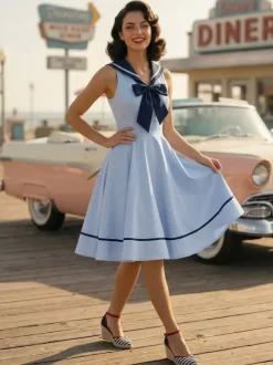 Sailor Collar Bow Knot Sleeveless Retro Swing A-Line Dress For Women 2026