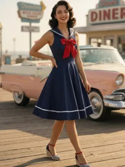 Sailor Collar Bow Knot Sleeveless Retro Swing A-Line Dress For Women 2026