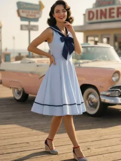 Sailor Collar Bow Knot Sleeveless Retro Swing A-Line Dress For Women 2026