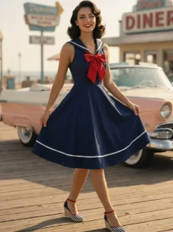 Sailor Collar Bow Knot Sleeveless Retro Swing A-Line Dress For Women 2026
