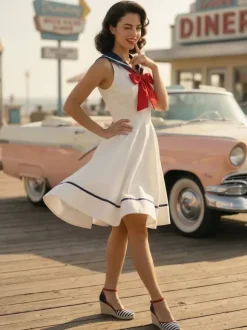 Sailor Collar Bow Knot Sleeveless Retro Swing A-Line Dress For Women 2026