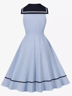 Sailor Collar Bow Knot Sleeveless Retro Swing A-Line Dress For Women 2026