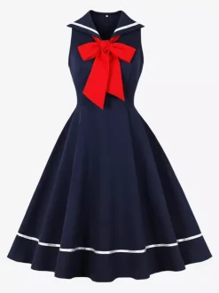 Sailor Collar Bow Knot Sleeveless Retro Swing A-Line Dress For Women 2026