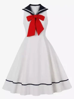Sailor Collar Bow Knot Sleeveless Retro Swing A-Line Dress For Women 2026