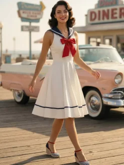 Sailor Collar Bow Knot Sleeveless Retro Swing A-Line Dress For Women 2026