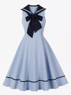 Sailor Collar Bow Knot Sleeveless Retro Swing A-Line Dress For Women 2026