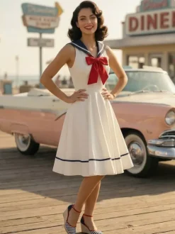 Sailor Collar Bow Knot Sleeveless Retro Swing A-Line Dress For Women 2026