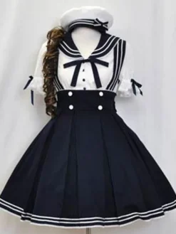 Sailor Lolita Outfits Deep Blue Short Sleeve Shirt With Pleated Jumper Skirt