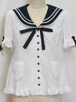 Sailor Lolita Outfits Deep Blue Short Sleeve Shirt With Pleated Jumper Skirt