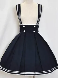 Sailor Lolita Outfits Deep Blue Short Sleeve Shirt With Pleated Jumper Skirt