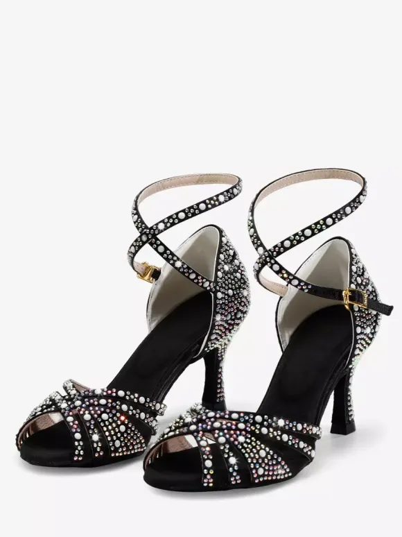 Satin Ballroom Dance Shoes Rhinestone Strappy Latin Dance Shoes