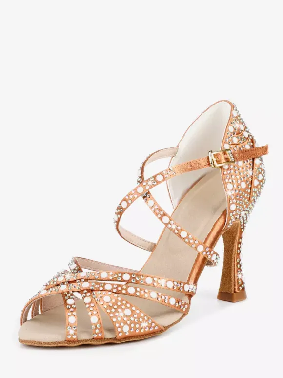 Satin Ballroom Dance Shoes Rhinestone Strappy Latin Dance Shoes
