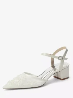 Satin Bridal Shoes Pointed Toe Chunky Heel Wedding Shoes