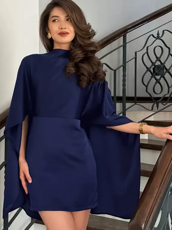 Satin Cape Sleeve High Neck Bodycon Mini Dress For Women 2026