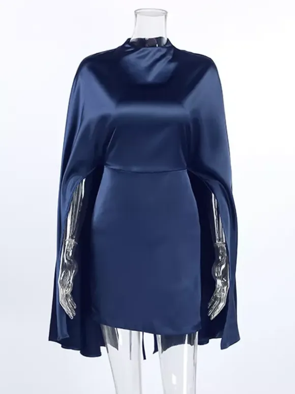 Satin Cape Sleeve High Neck Bodycon Mini Dress For Women 2026