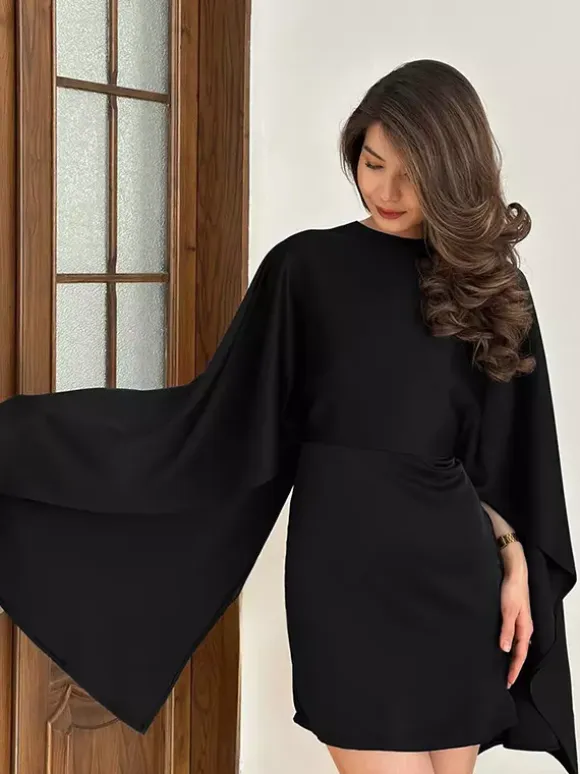 Satin Cape Sleeve High Neck Bodycon Mini Dress For Women 2026