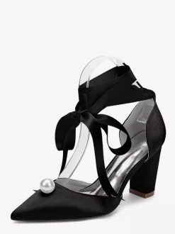 Satin Chunky Heel Wedding Shoes Pointed Toe Pearl Lace Up Bridal Shoes