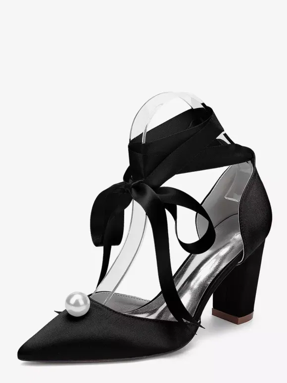 Satin Chunky Heel Wedding Shoes Pointed Toe Pearl Lace Up Bridal Shoes