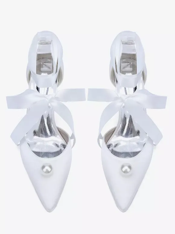Satin Chunky Heel Wedding Shoes Pointed Toe Pearl Lace Up Bridal Shoes