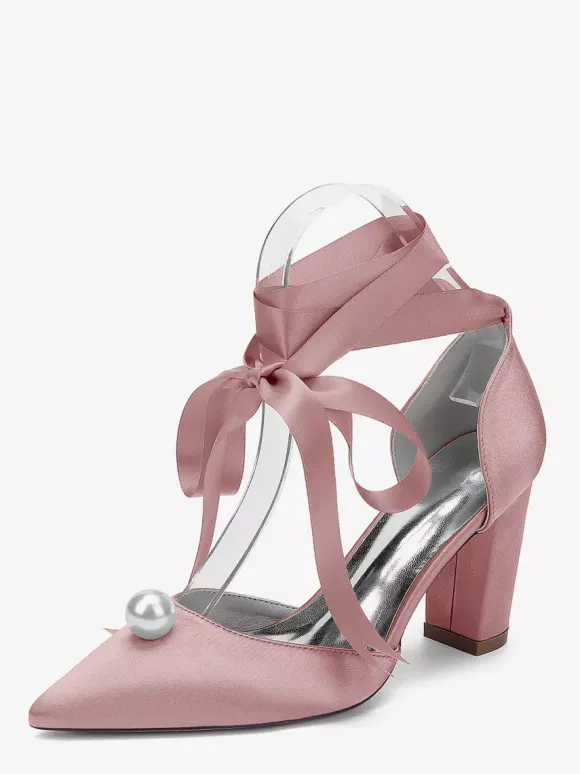 Satin Chunky Heel Wedding Shoes Pointed Toe Pearl Lace Up Bridal Shoes