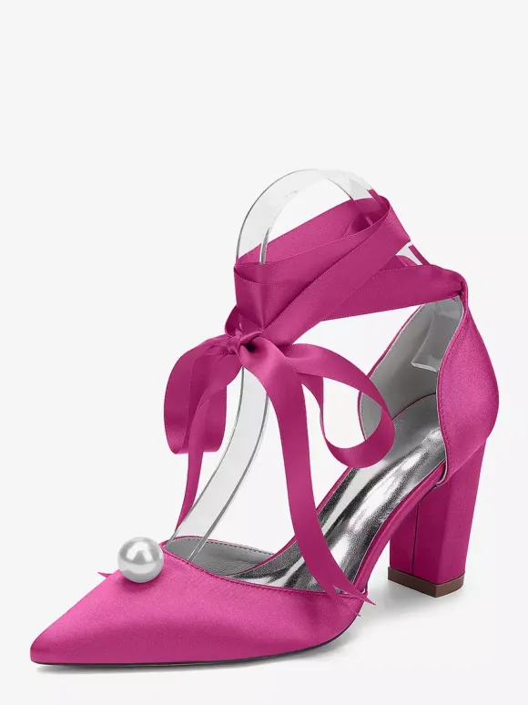 Satin Chunky Heel Wedding Shoes Pointed Toe Pearl Lace Up Bridal Shoes