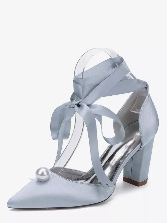 Satin Chunky Heel Wedding Shoes Pointed Toe Pearl Lace Up Bridal Shoes