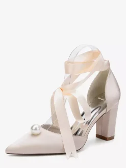 Satin Chunky Heel Wedding Shoes Pointed Toe Pearl Lace Up Bridal Shoes