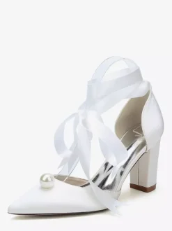 Satin Chunky Heel Wedding Shoes Pointed Toe Pearl Lace Up Bridal Shoes