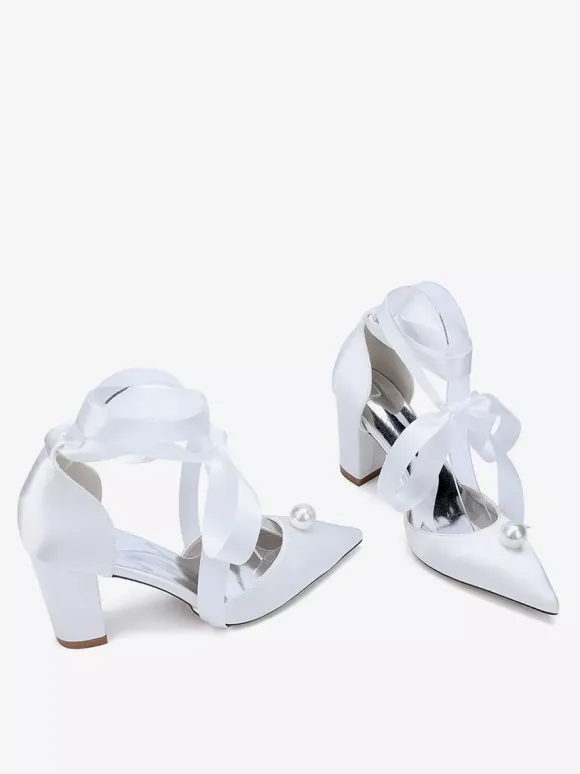Satin Chunky Heel Wedding Shoes Pointed Toe Pearl Lace Up Bridal Shoes