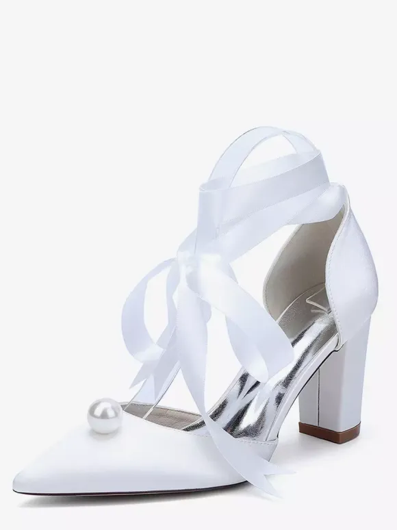Satin Chunky Heel Wedding Shoes Pointed Toe Pearl Lace Up Bridal Shoes