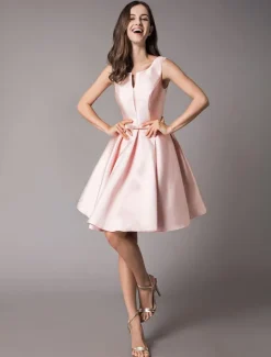 Satin Cocktail Dresses Soft Pink A Line Sleeveless Short Prom Dress