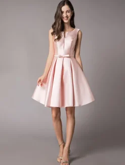 Satin Cocktail Dresses Soft Pink A Line Sleeveless Short Prom Dress