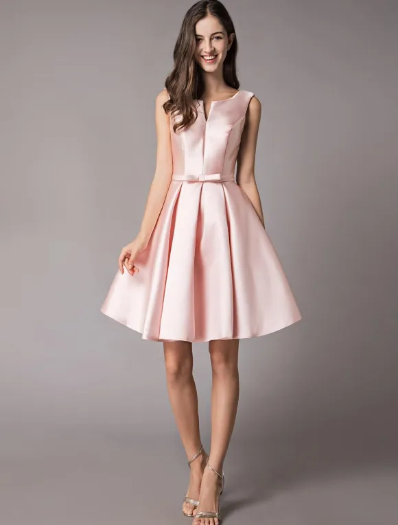 Satin Cocktail Dresses Soft Pink A Line Sleeveless Short Prom Dress