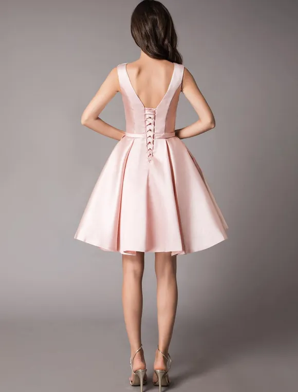 Satin Cocktail Dresses Soft Pink A Line Sleeveless Short Prom Dress