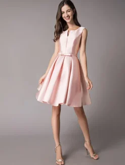 Satin Cocktail Dresses Soft Pink A Line Sleeveless Short Prom Dress