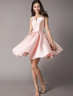 Satin Cocktail Dresses Soft Pink A Line Sleeveless Short Prom Dress