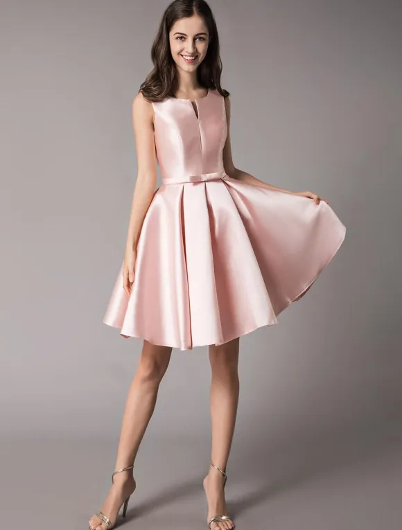 Satin Cocktail Dresses Soft Pink A Line Sleeveless Short Prom Dress