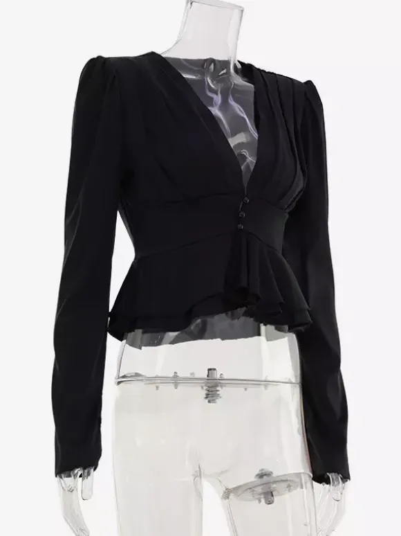 Satin Deep V Puff Shoulder Ruffle Hem Cropped Blouse Long Sleeve Slim Top