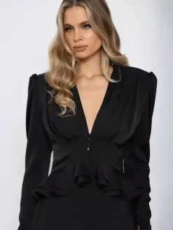 Satin Deep V Puff Shoulder Ruffle Hem Cropped Blouse Long Sleeve Slim Top