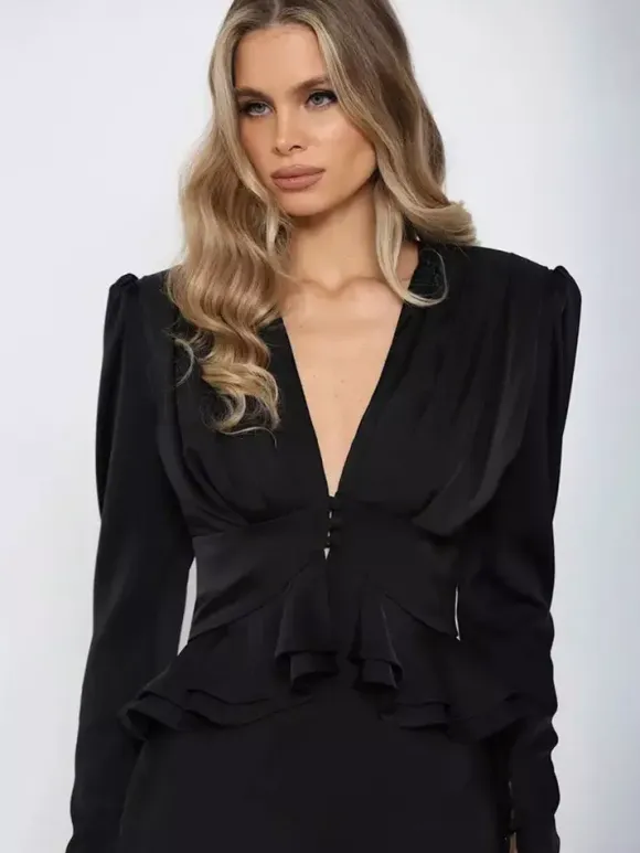 Satin Deep V Puff Shoulder Ruffle Hem Cropped Blouse Long Sleeve Slim Top