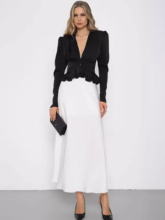 Satin Deep V Puff Shoulder Ruffle Hem Cropped Blouse Long Sleeve Slim Top