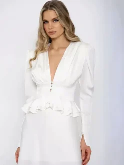 Satin Deep V Puff Shoulder Ruffle Hem Cropped Blouse Long Sleeve Slim Top