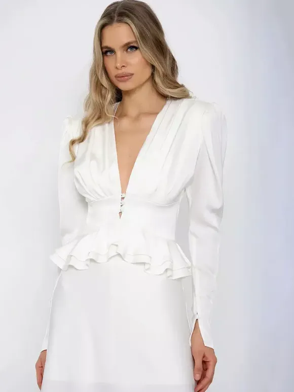 Satin Deep V Puff Shoulder Ruffle Hem Cropped Blouse Long Sleeve Slim Top