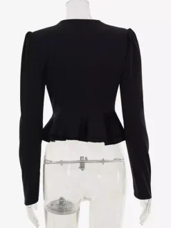 Satin Deep V Puff Shoulder Ruffle Hem Cropped Blouse Long Sleeve Slim Top