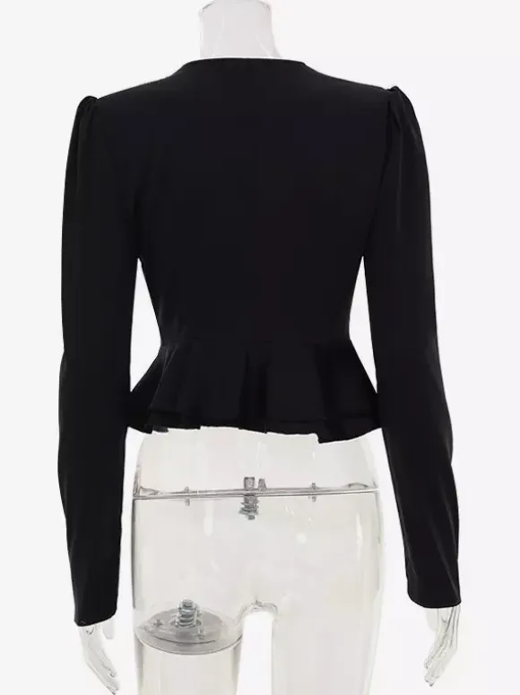 Satin Deep V Puff Shoulder Ruffle Hem Cropped Blouse Long Sleeve Slim Top
