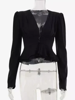 Satin Deep V Puff Shoulder Ruffle Hem Cropped Blouse Long Sleeve Slim Top