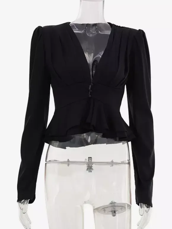 Satin Deep V Puff Shoulder Ruffle Hem Cropped Blouse Long Sleeve Slim Top