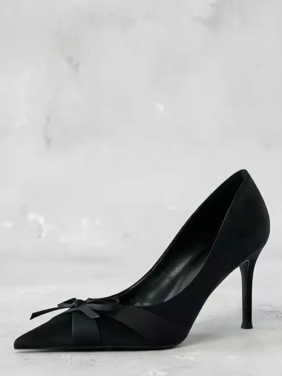 Satin High Heel Pumps Pointed Toe Bow Slip On Party Shoes